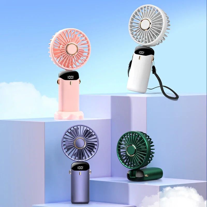 Cool Me Down Portable Handheld Mini Fan with 3000mAh Battery, Foldable Design, Neck Hanging Option, 5 Speed Settings, USB Rechargeable, and Phone Stand Display Screen